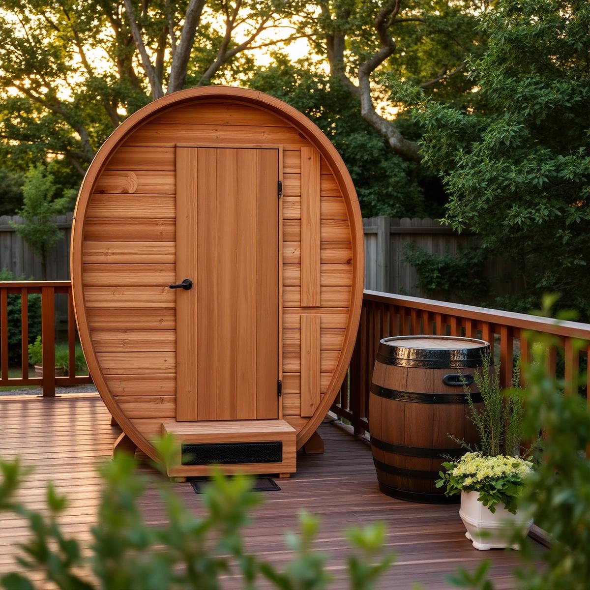 Lando Cedar Barrel Sauna on a backyard deck