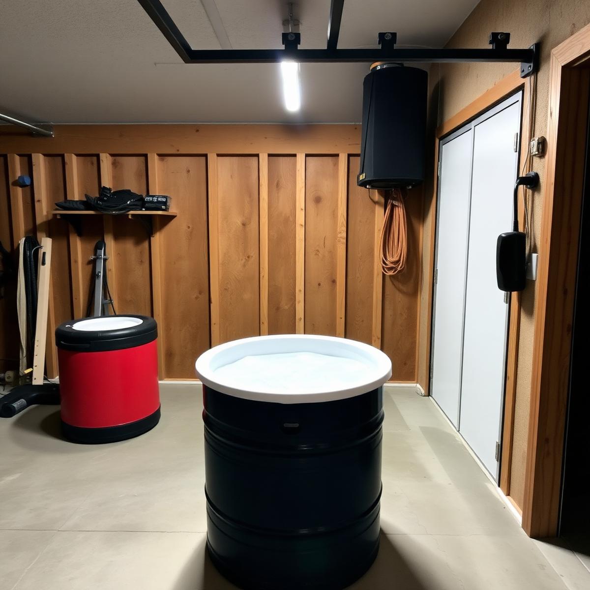 Lando Single-Person Ice Barrel in a garage gym